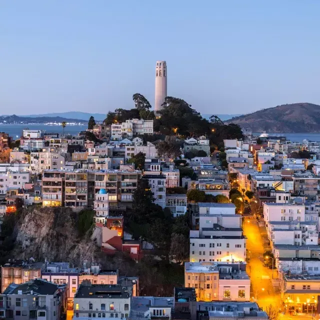 황혼 무렵의 샌프란시스코 Coit Tower 타워 앞에는 조명이 켜진 거리가 있고, 타워 뒤로는 샌프란시스코 만이 보입니다.